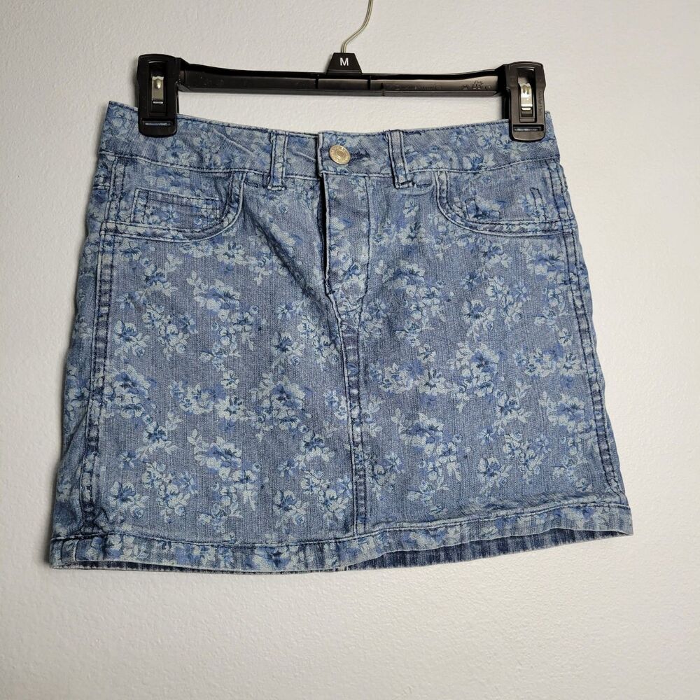 Vtg Route 66 Reversible Denim Skirt Floral Mini Girls 12 Y2K 90s Cowgirl Boho